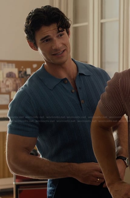 Nicolas's blue ribbed polo on Emily in Paris