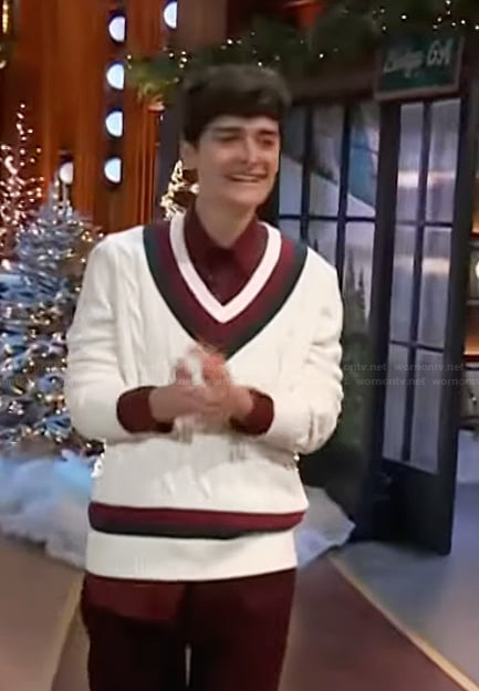 Noah Schnapp's white varsity stripe sweater on The Kelly Clarkson Show