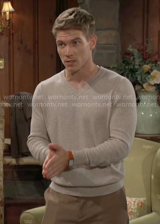 Noah's beige v-neck sweater on The Young and the Restless
