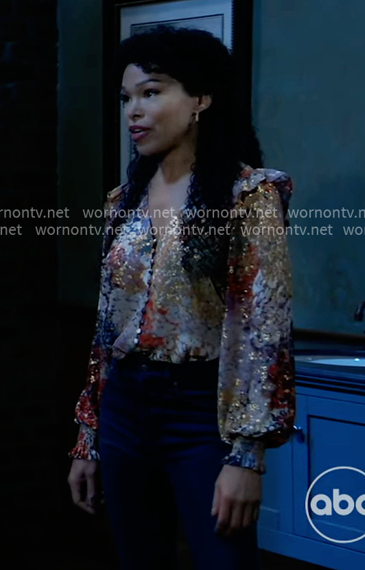 Portia's metallic floral top on General Hospital