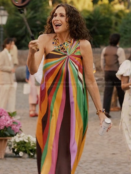 Prince Jane's rainbow stripe one shoulder dress on Emily in Paris