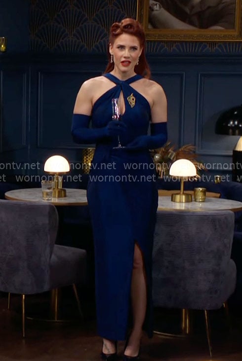 Sally's blue keyhole dress on The Young and the Restless