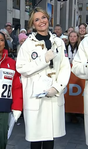 Savannah's white toggle coat on Today