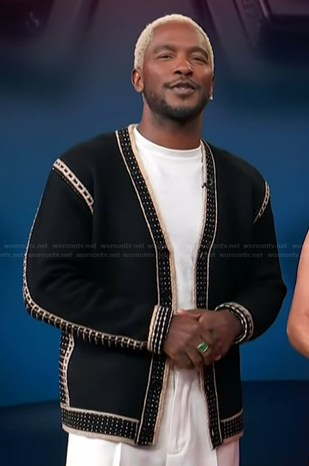 Scott's black embroidered trim cardigan on Access Hollywood
