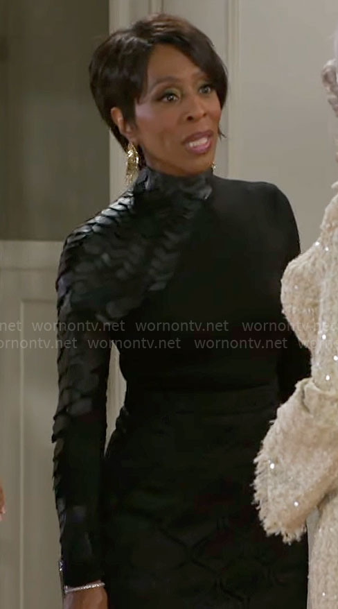 Sharon's black scale detail top on Beyond the Gates