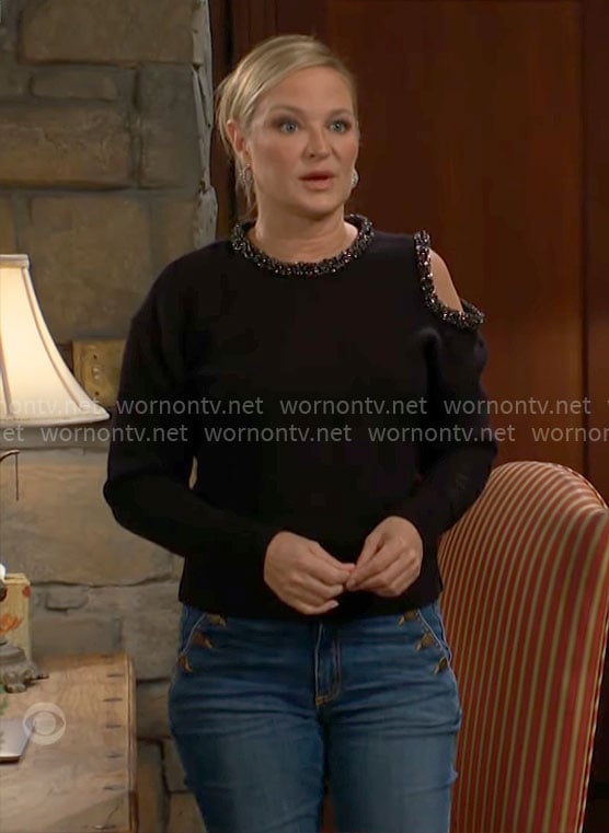 Sharon's cutout shoulder sweater with embellished trims on The Young and the Restless