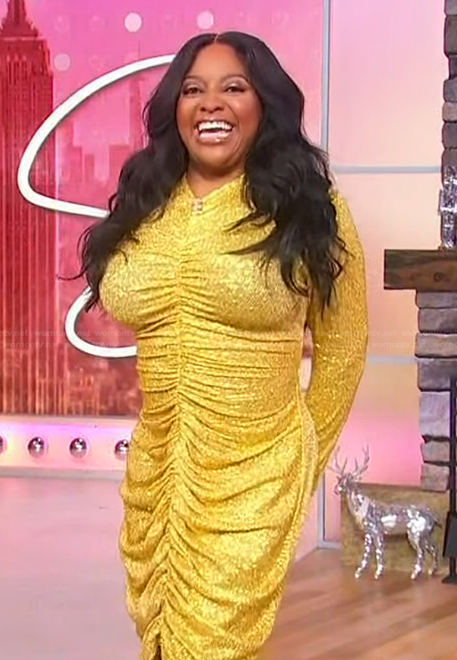 Sherri's gold metallic ruched dress on Sherri