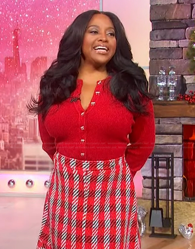 Sherri's red bow button cardigan and skirt on Sherri
