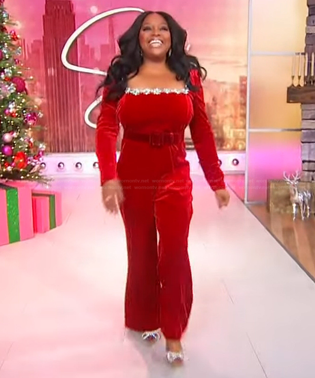 Sherri's red velvet embellished jumpsuit on Sherri
