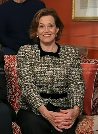 Sigourney Weaver's tweed jacket with velvet bow on Good Morning America