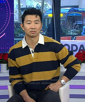 Simu Liu's yellow stripe rugby polo sweater on Today