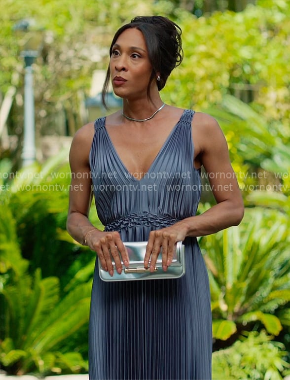 Sofia's steel blue pleated dress on Loot