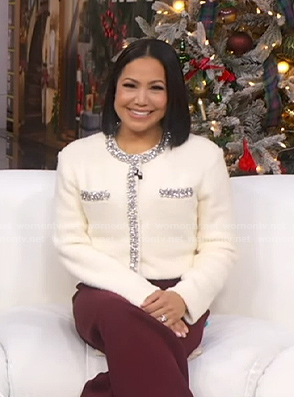 Stephnaie's white rhinestone embellished jacket on Good Morning America