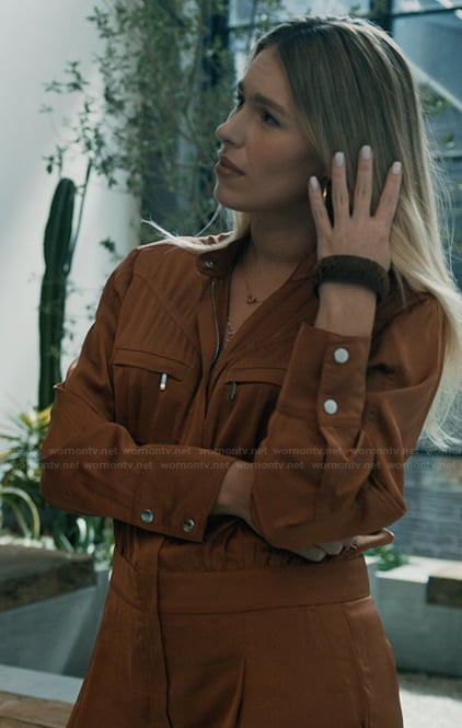 Sveta's brown satin jumpsuit on Elsbeth