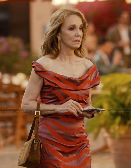 Sylie's velvet striped off shoulder dress on Emily in Paris