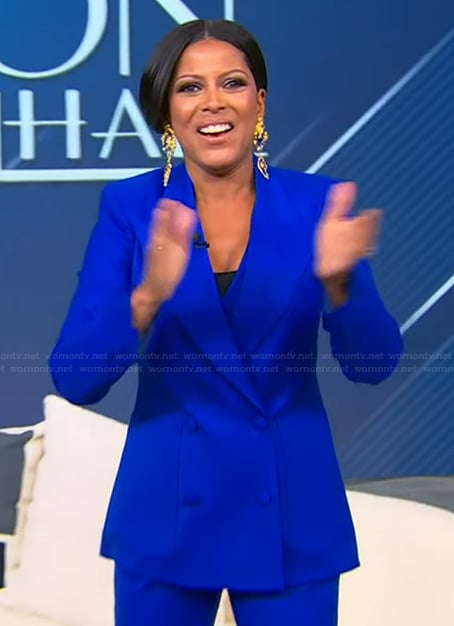 Tamron's blue double breasted blazer on Tamron Hall Show
