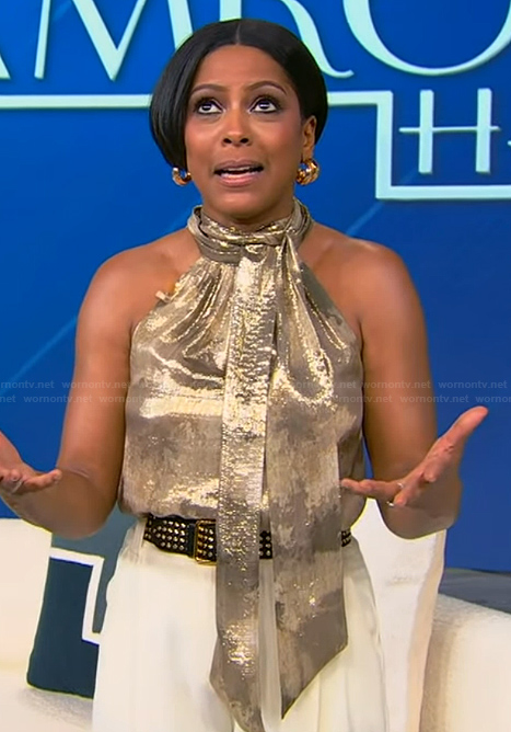 Tamron's gold metallic halter top on Tamron Hall Show