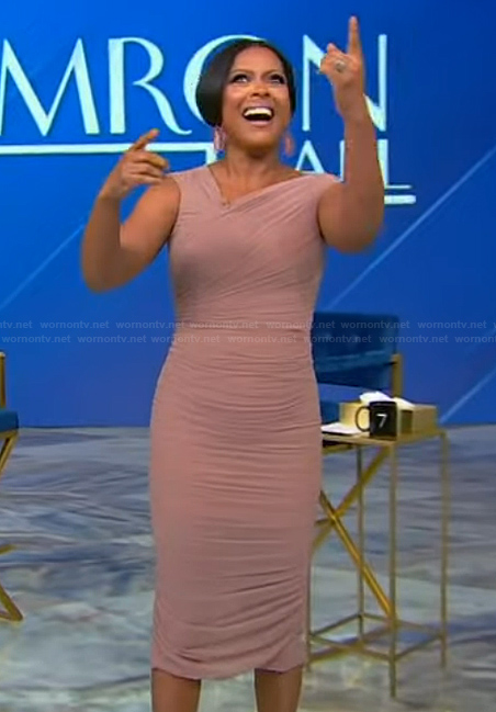 Tamron's pink ruched one shoulder dress on Tamron Hall Show