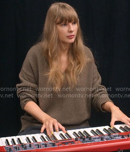 Taylor Swift's taupe brown v-neck sweater on The End of an Era