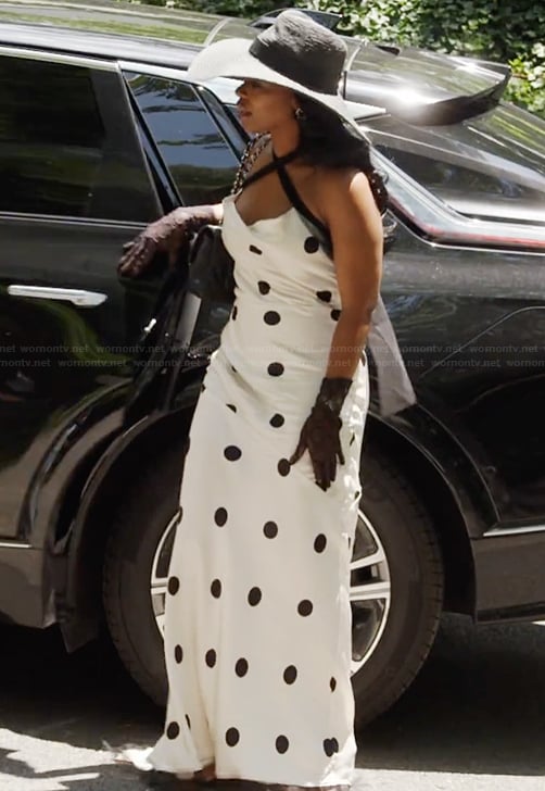 Wendy's white polka dot print halter dress on The Real Housewives of Potomac