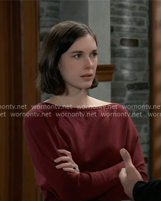 Willow's red off-shoulder sweater on General Hospital