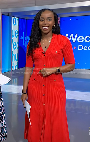 Zinhle's red v-neck ribbed knit dress on NBC News Daily