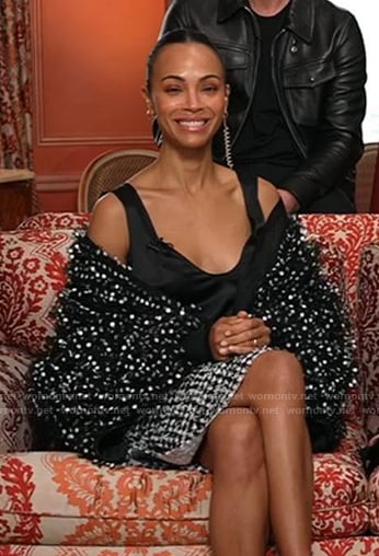 Zoe Saldaña's black top and embellished jacket on Good Morning America