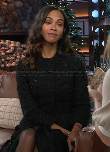 Zoe Saldana's black tweed jacket and skirt on The Kelly Clarkson Show