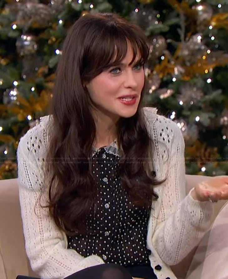 Zooey Deschanel's polka dot top and cardigan on The Jennifer Hudson Show