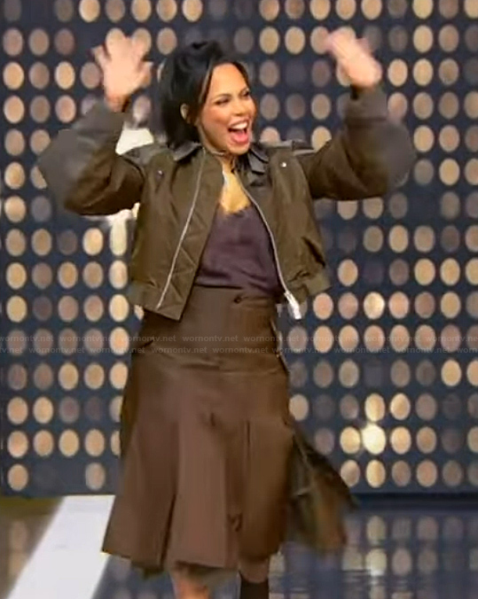 Amirah Vann Oyeku's satin bomber jacket and skirt on Tamron Hall Show