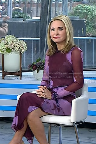 Andrea Canning's burgundy floral mesh dress on Today