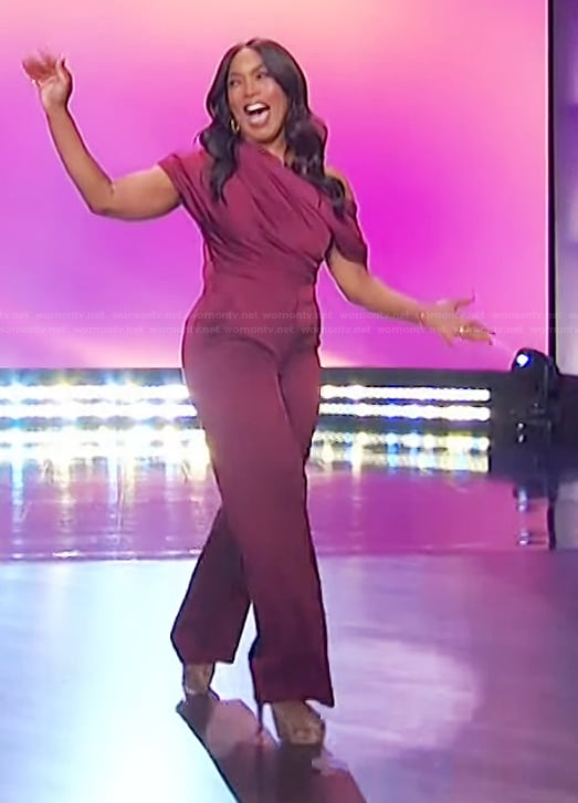 Angela Bassett's burgundy one off shoulder top and pants on The Jennifer Hudson Show