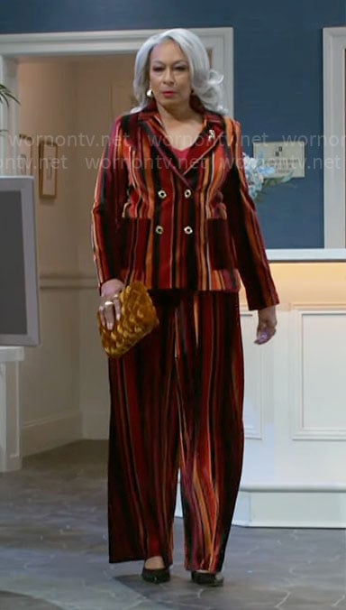 Anita's striped velvet suit on Beyond the Gates