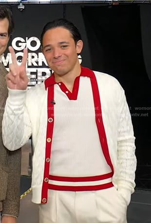 Anthony Ramos's white contrast collar polo and cardigan on Good Morning America