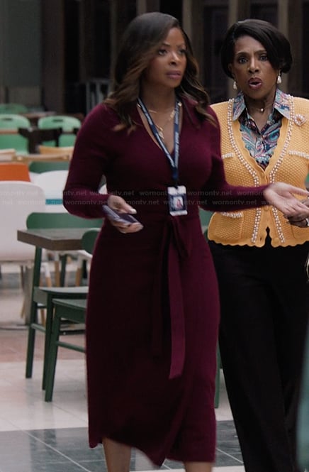 Ava's burgundy tie front wrap dress on Abbott Elementary