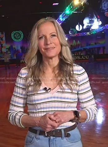 Becky Worley's striped v-neck sweater on Good Morning America