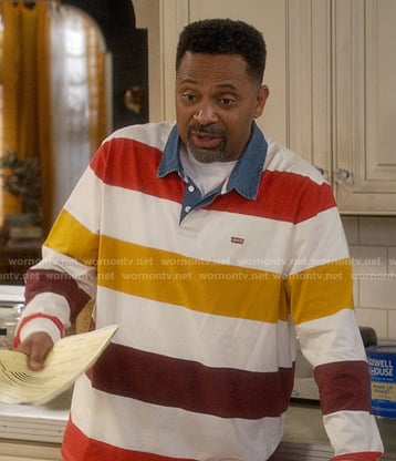 Bennie's stripe rugby shirt with denim collar on The Upshaws