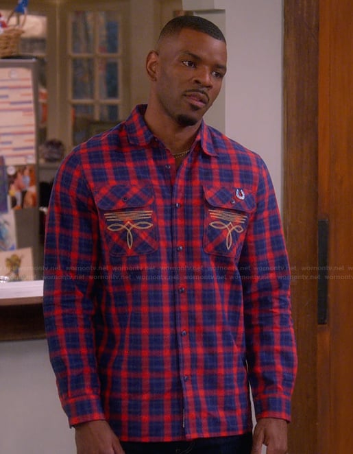 Bernard's blue plaid western shirt on The Upshaws