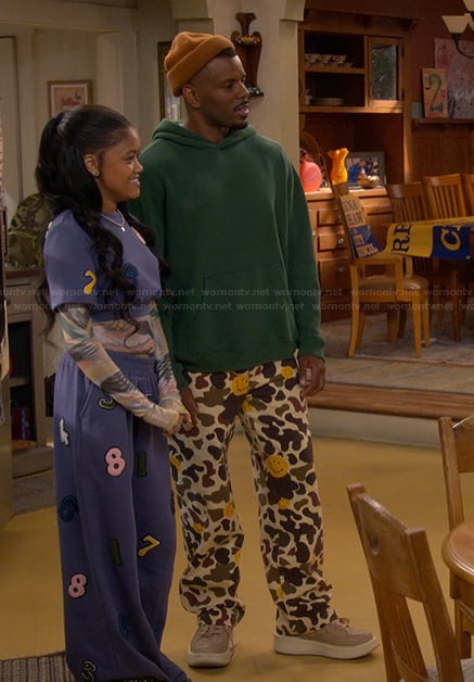 Bernard's smiley face camo pants on The Upshaws