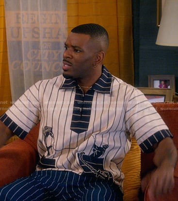 Bernard's white white print striped shirt on The Upshaws