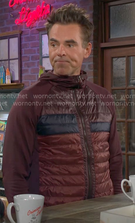 Billy's burgundy and navy puffer jacket on The Young and the Restless