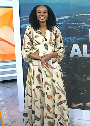Blayne Alexander's beige feather print maxi dress on Today