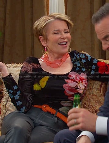 Bonnie's black floral scoop neck top on Days of our Lives