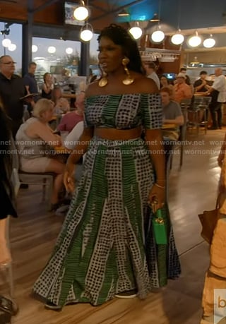 Bozoma's green printed stripe top and skirt on The Real Housewives of Beverly Hills