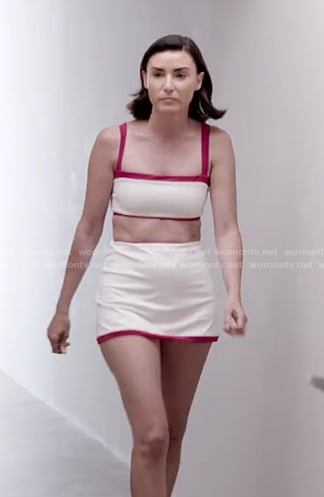Bronwyn's white crop top and mini skirt on The Real Housewives of Salt Lake City