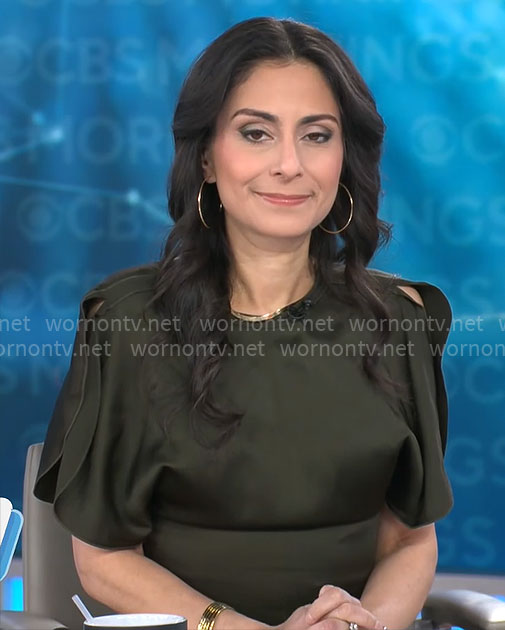 Celine Gounder's green flutter sleeve top on CBS Mornings