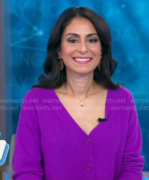Celine Gounder's purple v-neck cardigan on CBS Mornings