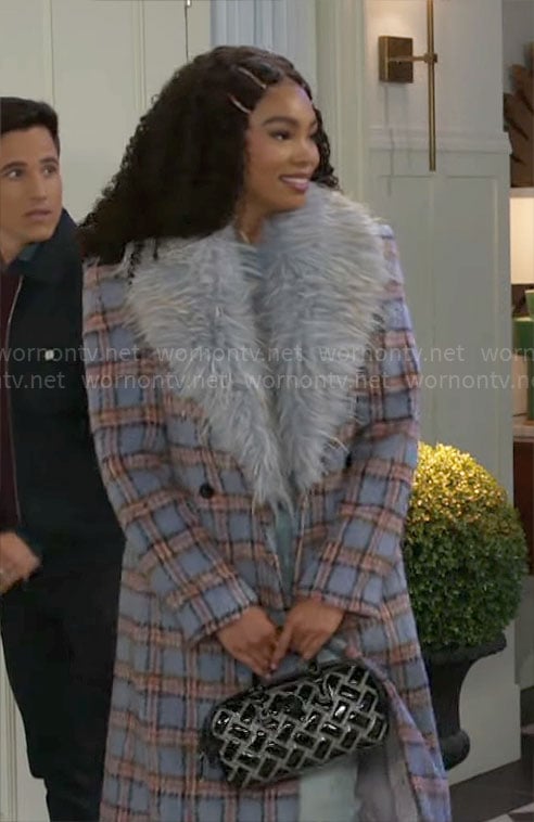 Chelsea's plaid coat with fur collar on Beyond the Gates