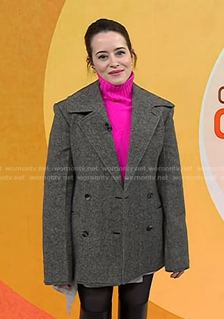 Claire Foy's pink turtleneck sweater and grey blazer on Today
