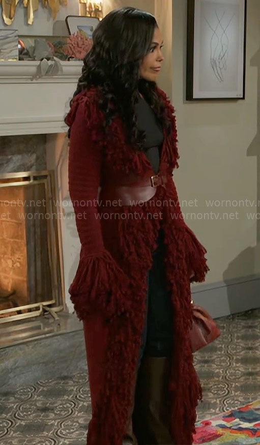 Dani's burgundy fringed cardigan on Beyond the Gates